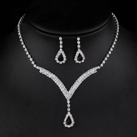 Yousheng 2Pcs/Set Conjunto de joias Design de gota d'água Colar de strass brilhante Conjunto de brincos pendurados Conjunto de colar e brincos brilhantes luxuosos