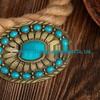 Retro Oval Floral Turquoise Rope Edge Sapphire PU Leather Unisex Belt Buckle