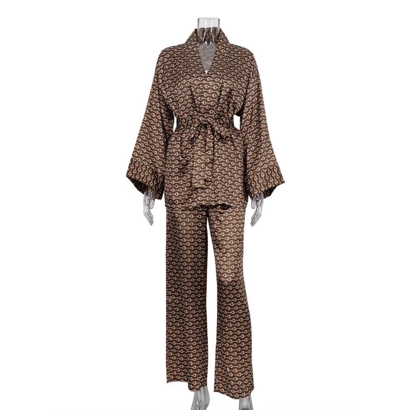 Casual Print Women'S Pajamas Set Loose Lace Up Robe Nightie Turn-Down Collar High Waist Pants Sleepwear Women Suit