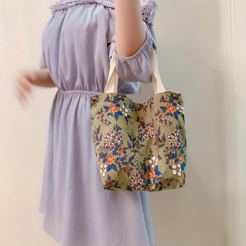 Women's Girls' Work Bag Tote Corduroy Daily small green flowers Corduroy Blue Daisy Portable Corduroy Red Rose Portable