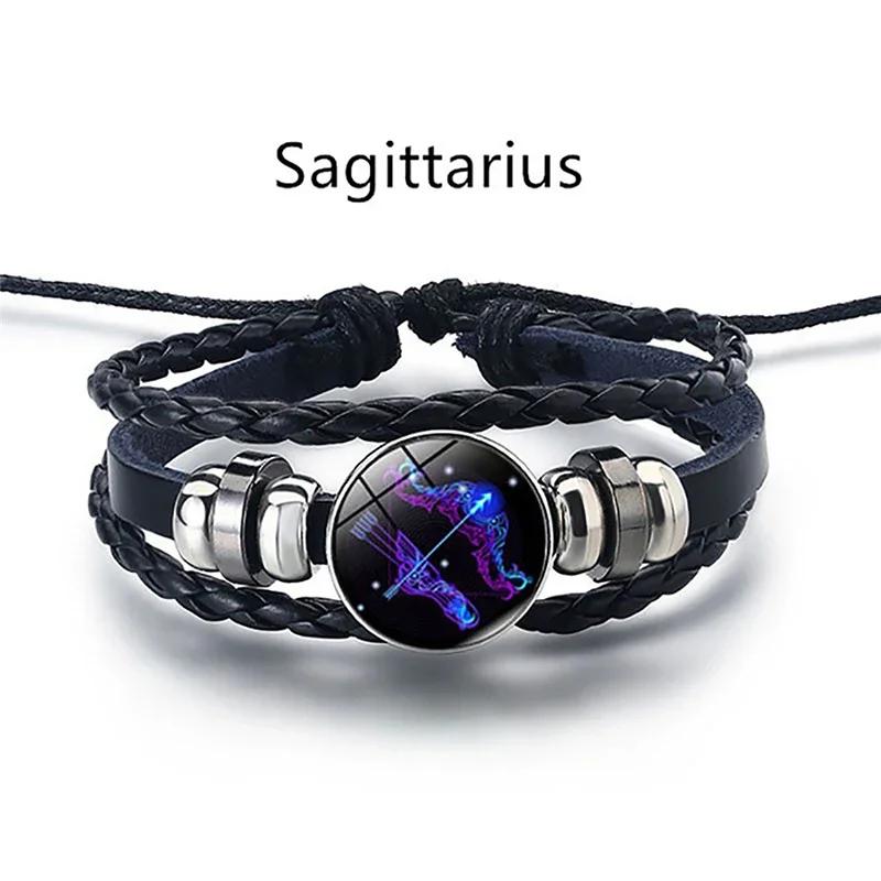 12 Constellation Luminous Bracelet Men Women Couple Multi-Layer Handmade Woven PU Rope Charm Bracelet Wristband Jewelry Gifts