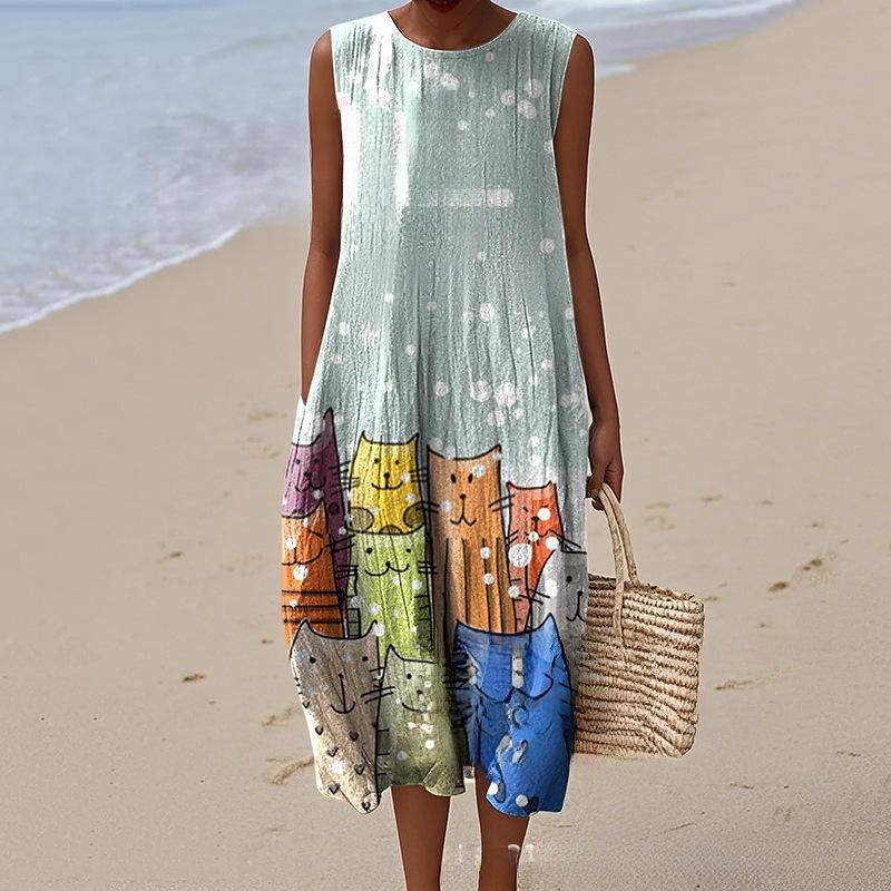 European and American New Summer Flower Ocean Printing European Size Round Neck Sleeveless Long Dress Creative Loose Dress