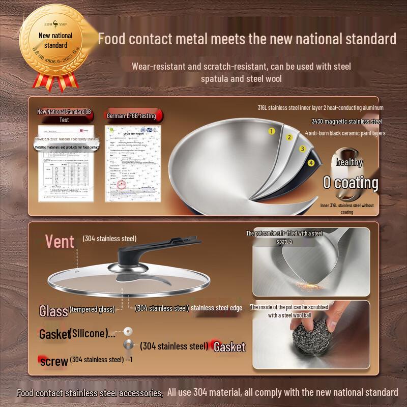 San Si Gang Kaiserlicher Koch 316L Edelstahl Rundboden Wok