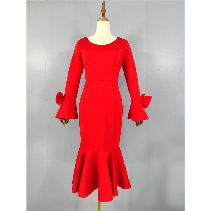 

Export Single Super High Texture Long Sleeve Bowknot Slim-Fit Figure Flattering Dress Light Space Cotton Skirt Formal Dress Red 2XL