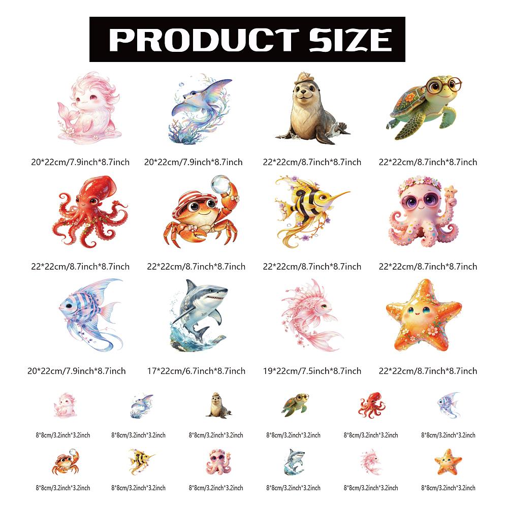 24Pcs 24 Styles Marine Animal Plastic Heat Transfer Film Logo Stickers Set for DIY T-Shirt Mixed Shapes 80~220x80~220mm 1pc/style