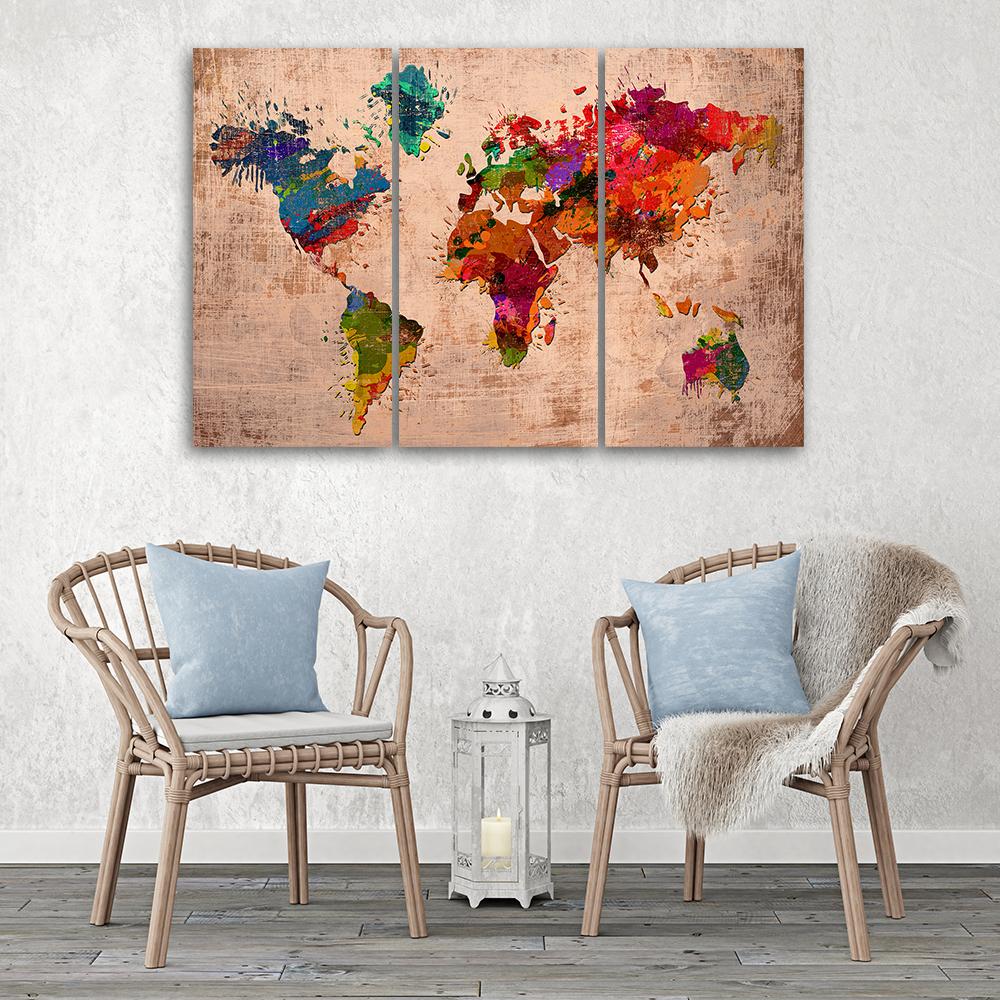 Three Piece Picture Canvas Print Coloured World Map