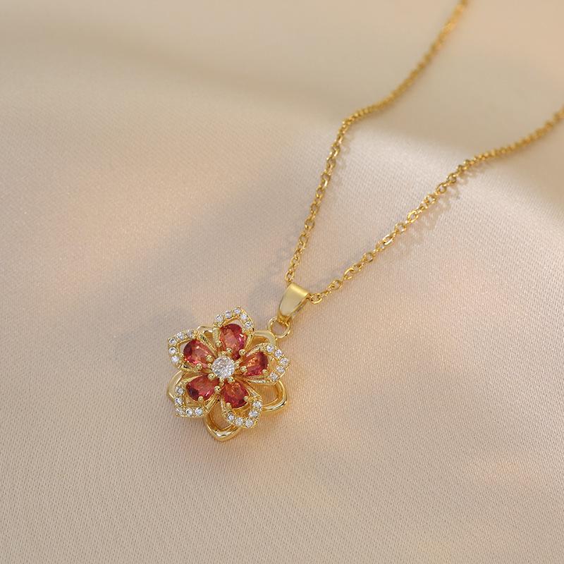 Rotating Bauhinia Zircon Flower Pendant Necklace for Women - New Titanium Steel Design