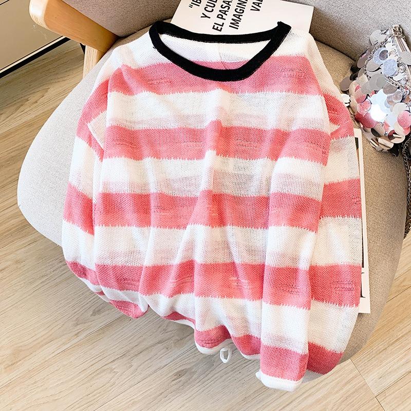 Sunscreen casual contrasting striped long-sleeved t-shirt knitted thin top trendy