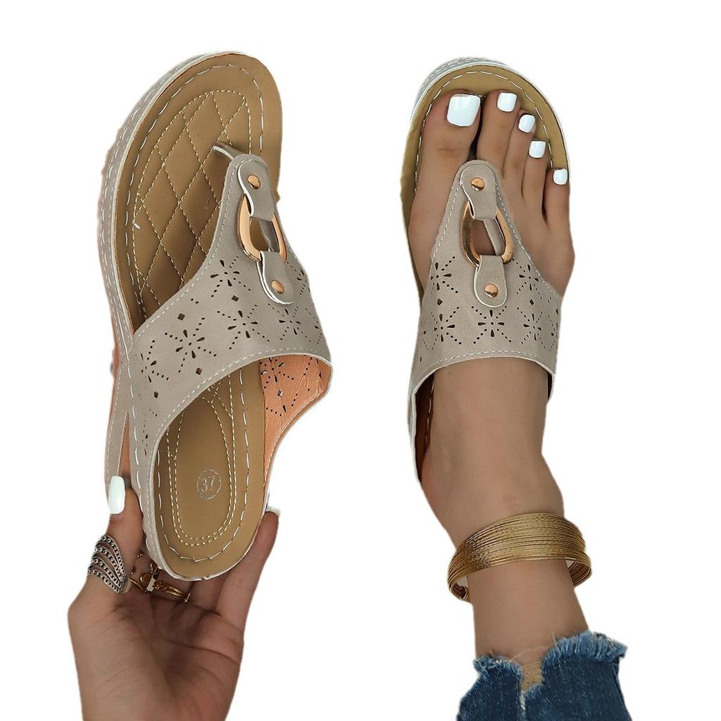 Spot Large Size Foreign Trade Slippers Women's 2025 Summer New Hollow Metal Buckle Toe Wedge Heel Women's Slippers