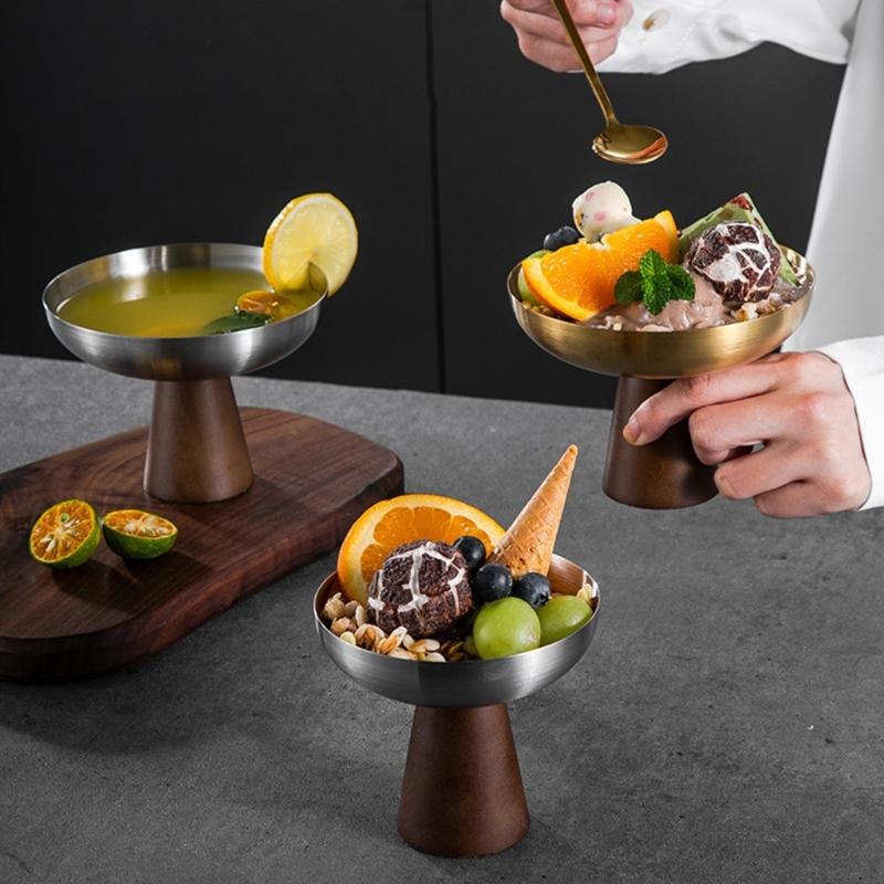 Premium Stainless Steel Dessert Cup With Wooden Stand High Footed Serving Dish Ideal For Ice Cream And Salad