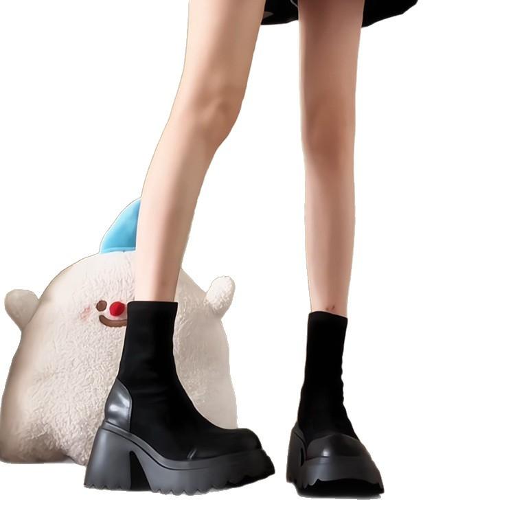 Round Head Thick-soled Martin Boots Women's 2025 British Style Thick Heel Thin Boots Thick Heel Socks Boots Heightening Small Short Boots