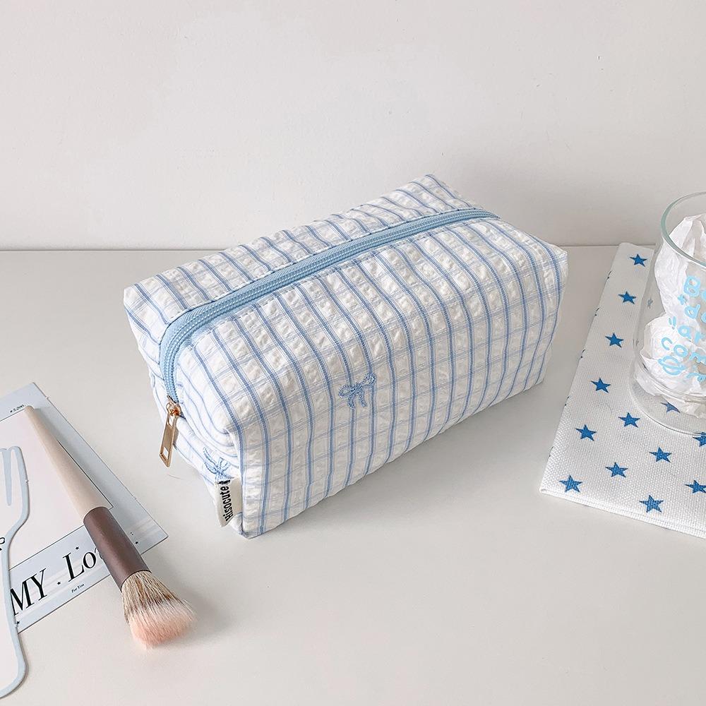 Large Capacity Cosmetic Bag Striped Bow Embroidery Pen Bag Portable Makeup Pouch