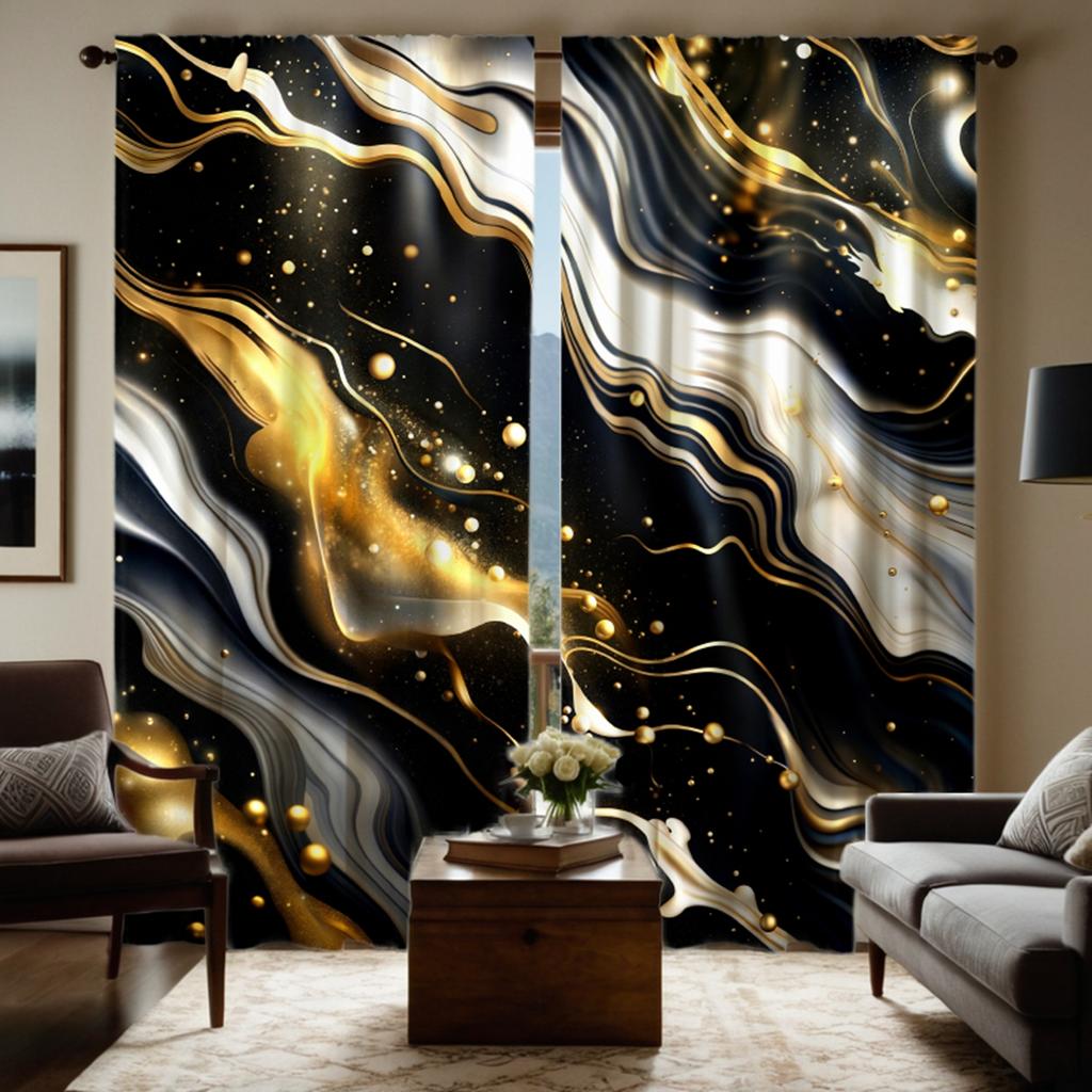 2PCS HD digital curtain print black tie black gold quicksand stripes Home decoration style Decorate living room bedroom wear
