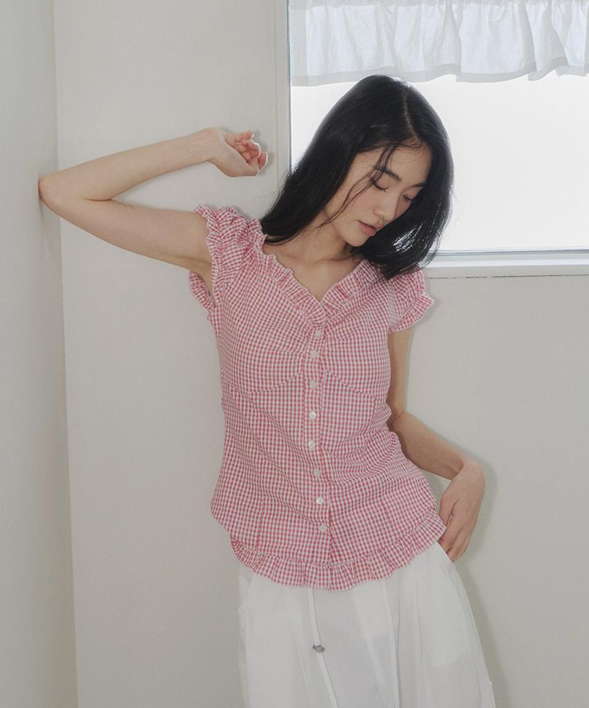 Seuteulaipeumagalin Silhouette Puff Shirred Lace Blouse Red