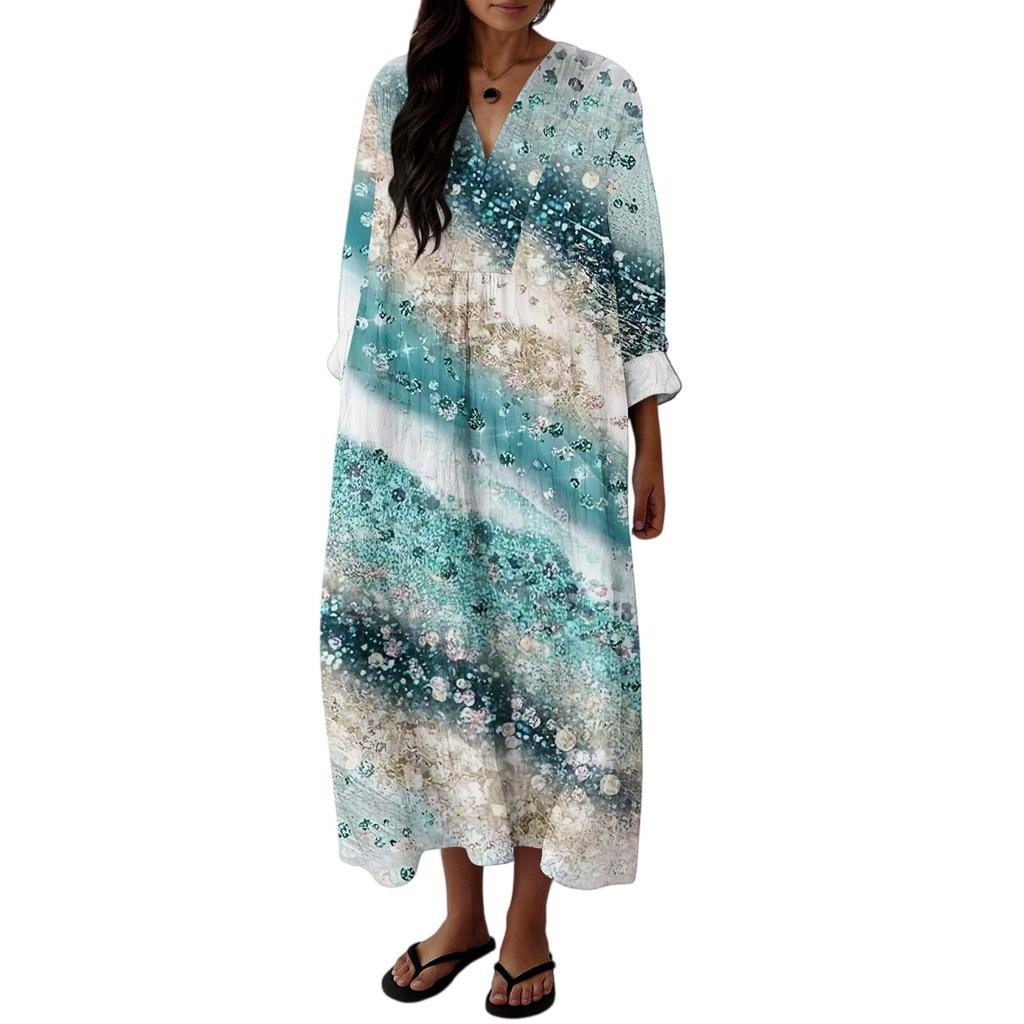 Women's Casual Fashion V-Neck Long Sleeve Floral Print Maxi Dress