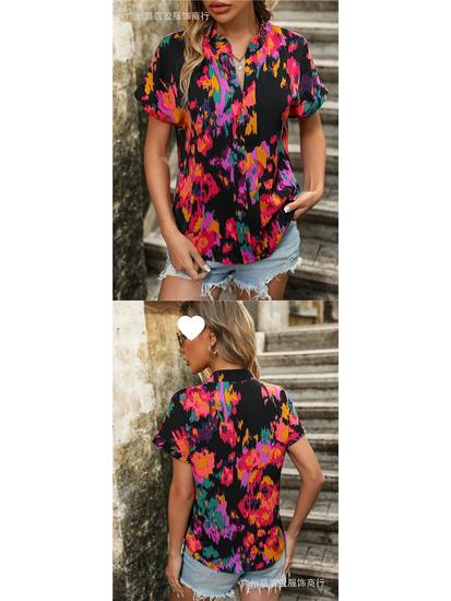 Women's Colorful Floral Print V-Neck Short-Sleeve Top - Summer Fashion
