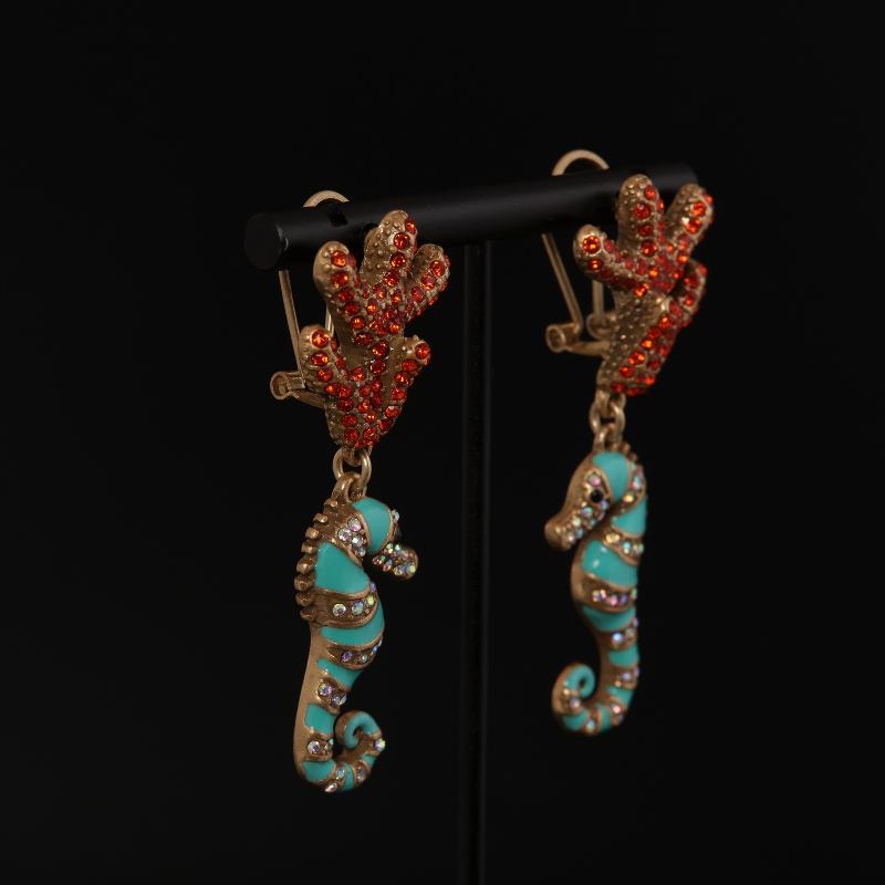 [HF]#1Pair Vintage Micro Diamonds Earrings For Woman Coral Seahorse Enamel Jewelry Gift High Quality Elegant Accessories
