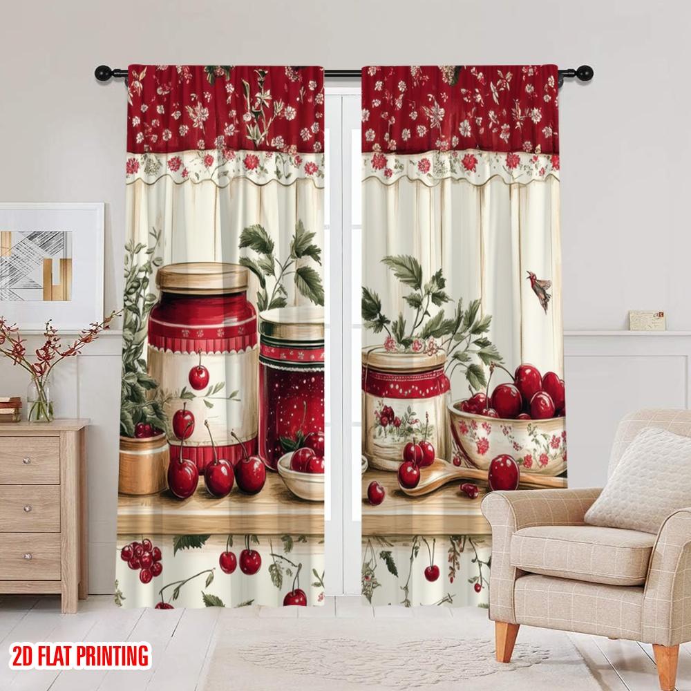 2pcs,2D plane printing Window Curtain Cherry Delight Polyester Fabric (without rod) Art Deco Festive Perfect for Living Room,