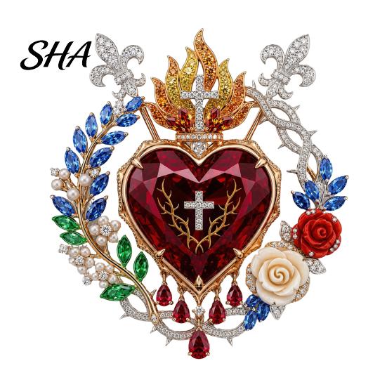 Divine Grace Jewelry 1/2Pcs Radiant Sacred Heart Floral Faux Gemstone Brooch, Christian Pin for Women, Vintage Style Devotional Gift Pin, Religious 1pc