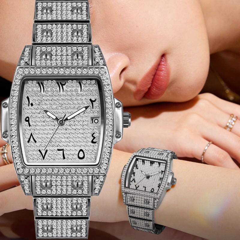 Womens Diamond Watch Tonneau Barrel-Shaped Luxury Quartz Wristwatch Bling Crystal Dress Watch Arabic Numerals Waterproof