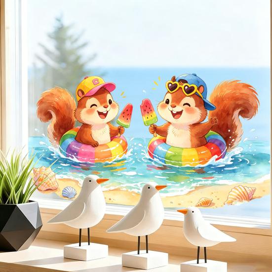 Summer Window Clings Pool Party Theme Cartoon Squirrel Window Decal Removable Static PVC Glass Sticker for Beach Party Supplies Home Office Decor