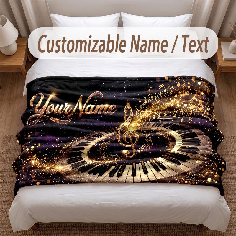 Music Piano Theme Soft Blanket Personalized Custom Name Text Print Warm Blanket Home Sofa Bedroom Decor