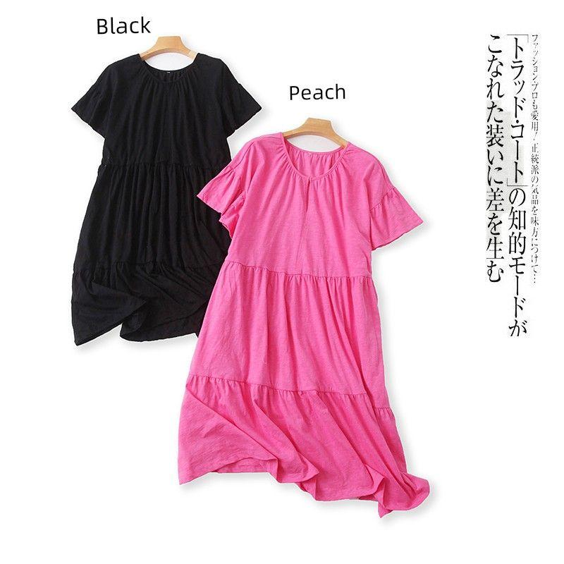 

Plus size dresses Amoi Foreign Trade Women clothes Blended Cotton round Neck Hollow One Button Short sleeve Flounced Skirt 25737 Peach B- 1-3-3 2X