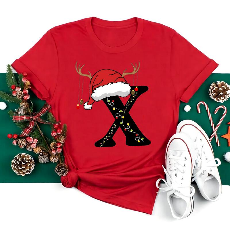 New 26 AZ Christmas Alphabet T Shirt Women Casual Fashion Tshirt Short Sleeve Christmas Party Aesthetics fashion Clothing