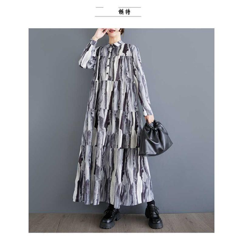 New Large Size Loose Thin Fashion Long-sleeved Printed Dresses