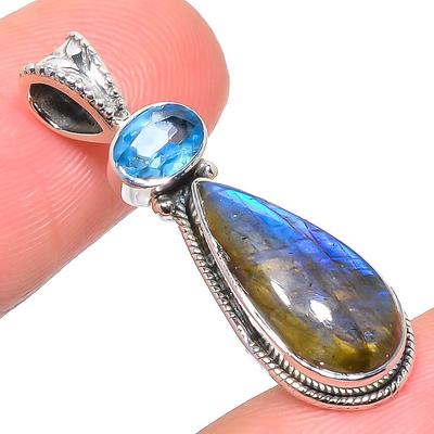 Natural Labradorite,Blue Topaz 925 Solid Sterling Silver Gift Pendant 1.34" s4V69