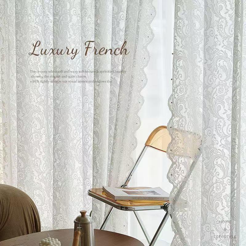 Telescopic Rod French Lace Gauze Curtains for Bedroom, Bay Window, Balcony, & Door