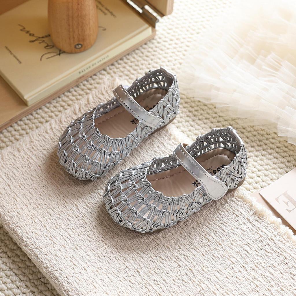 Korean Style Little Girl Princess Flats: Woven Closed-Toe Mary Janes Sandals for Summer