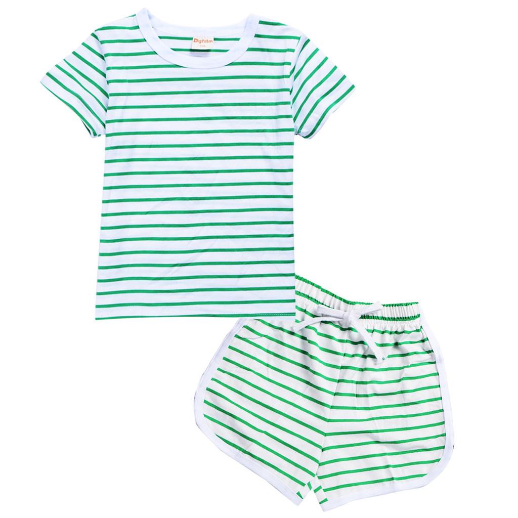 Children's Leisure Stripe Short Sleeve Round Neck T-Shirt and Shorts Set