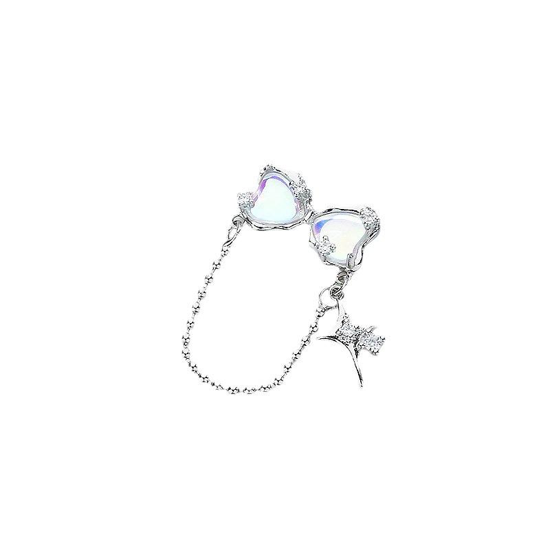 Bow Moonstone Stud Earrings Light Luxury Cold Wind Star Light Love Zircon Fringed Earrings Temperament Celebrity Show Face Thin