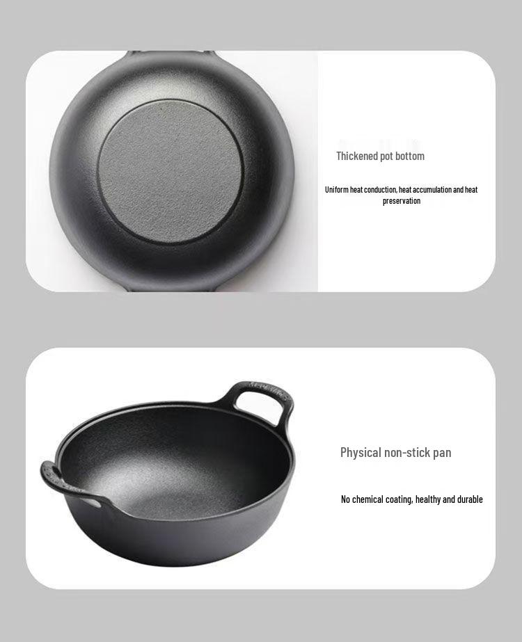 Thickened Cast Iron Yuanbao Pot - Multi-functional Double-handled Stew, Soup, and Frying Pan with Flat Bottom, No Chemical Coating.