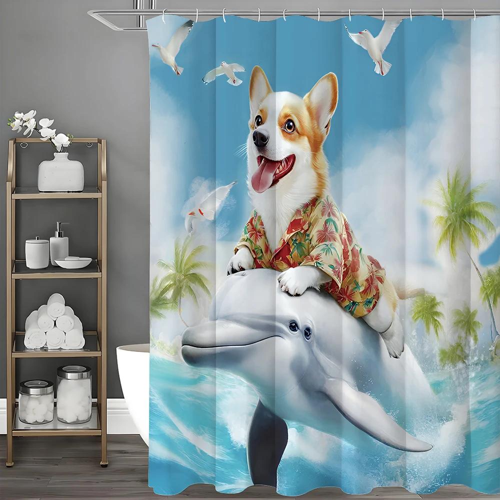 Rida Delfin Corgi Ocean Kokospalm Duschdraperi, Dekorativt Duschdraperi för Badrum, Vattentätt Duschdraperi med Krokar