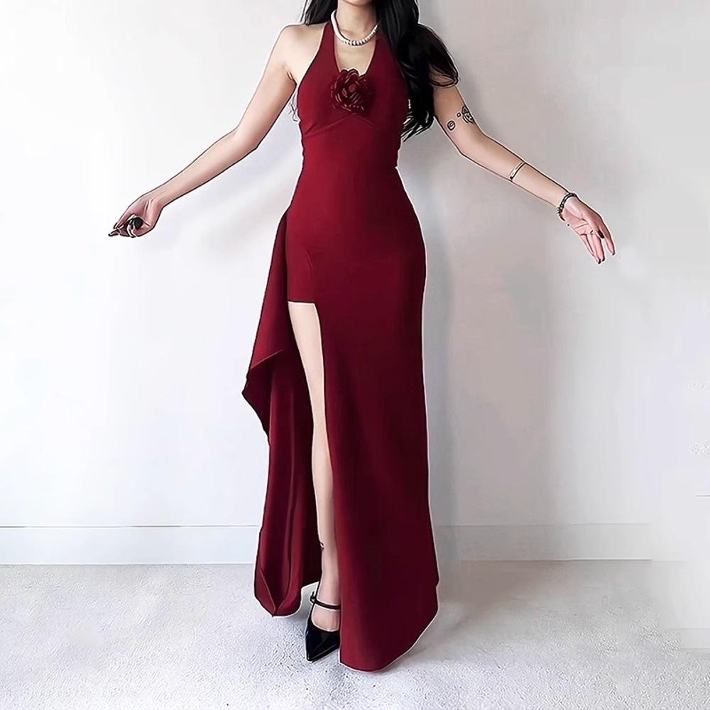 

Темпераментное цветочное платье с V-образным вырезом, женское летнее платье с разрезом, темпераментное красное платье-юбка XL- (recommended 110-60kg) красный