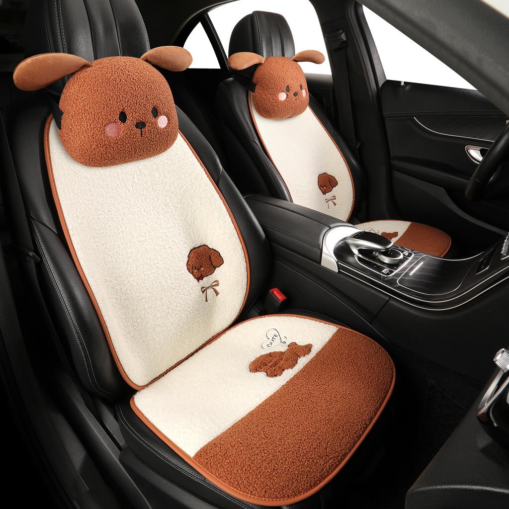 Funny Puppy Car Seat Cover 2025 New Autumn Fleece Fabric PU Leather Warm Comfortable Quick Installation Fits Most Cars