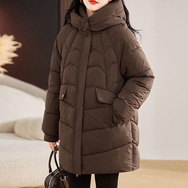 Womens Hooded Mid-Length Cotton Puffer Coat Loose Fit Removable Hood Casual Winter Jacket Black Red Coffee Khaki