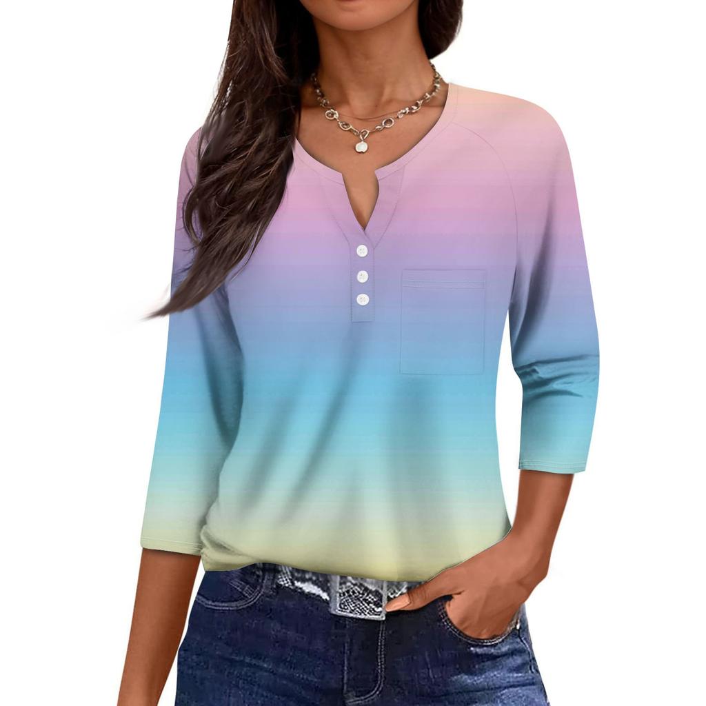 Ladies Casual Fashion V-neck Loose Versatile Gradient Print Three-quarter Sleeves