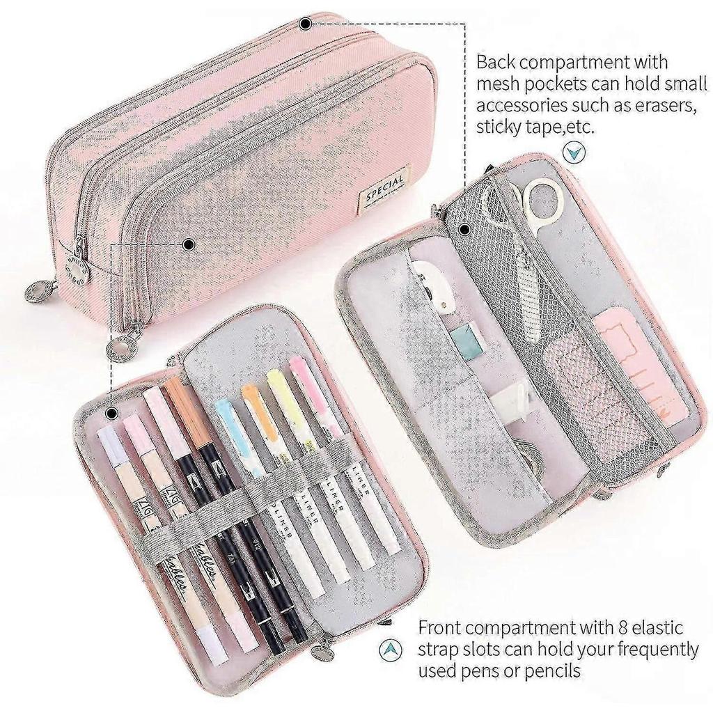 Large Capacity Pencil Case 3 Compartment Pouch Pen Bag For School Teen Girl Boy Men Women (pink)