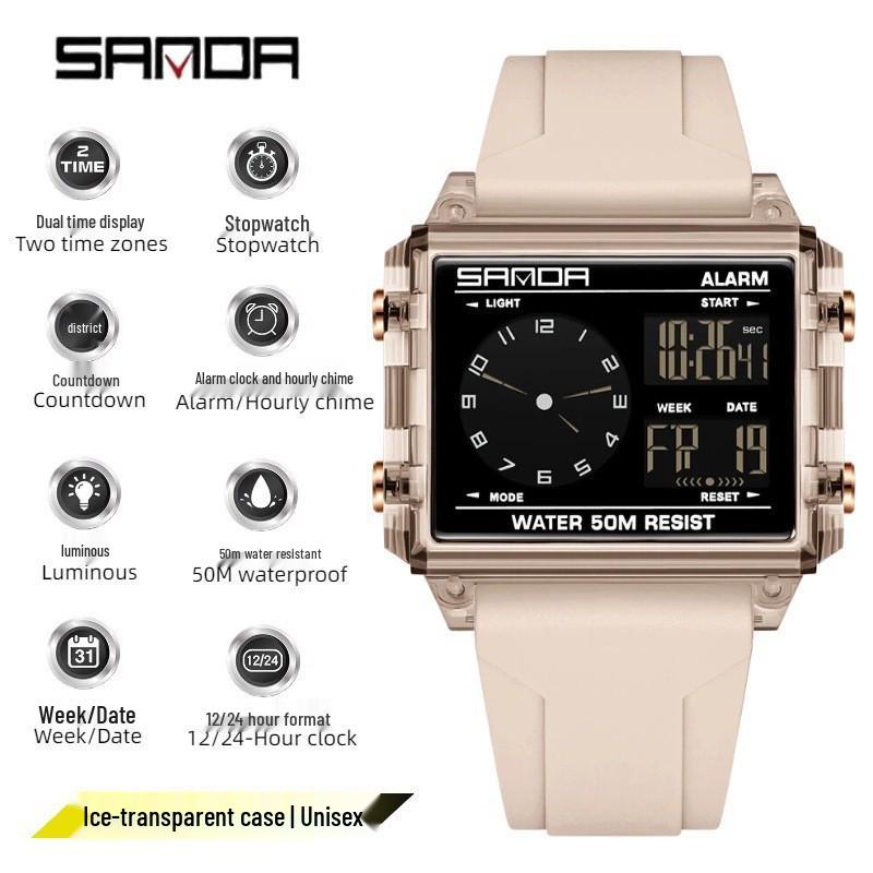 Sanda Transparent Electronic Square Watch with Large Dial for Students - Multifunctional Countdown Sports Wristwatch