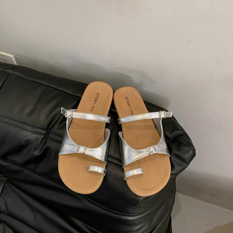 

6822 sets of toe cool slippers women s summer wear 2025 new Korean version fairy retro half slippers female Roman beach shoes 40 серебряный