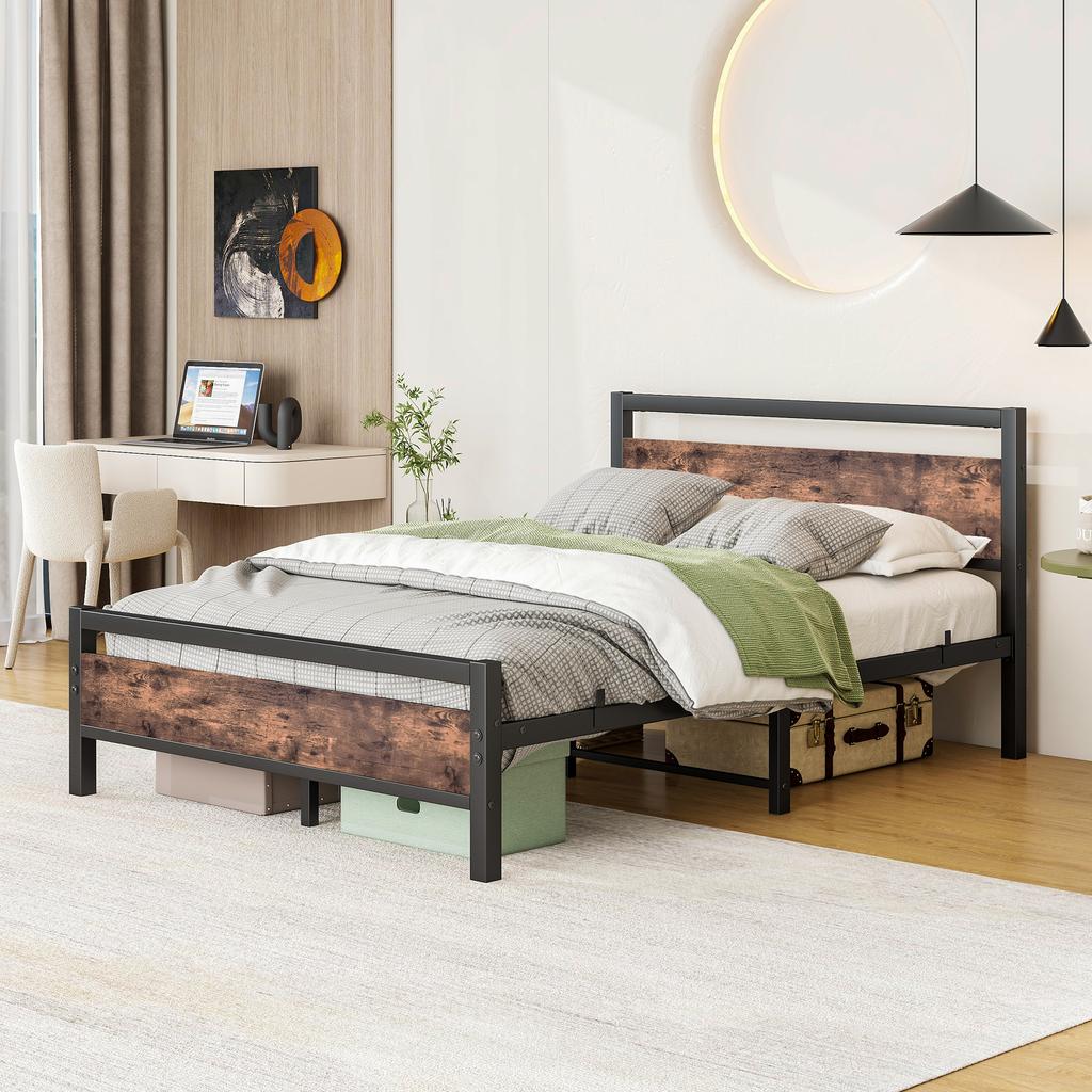 Bed Frame 140x190 cm made of Metal & Wood – Stable Single Bed with Slatted Frame & Storage, Guest Bed/Youth Bed