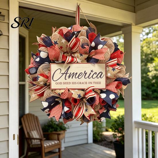 4th Of July Wreath Patriotic for Front Door Handmade of Hanger Red Reusable Holiday White Blue American Wooden Hanging Plaque Wall Porch Memorial Day