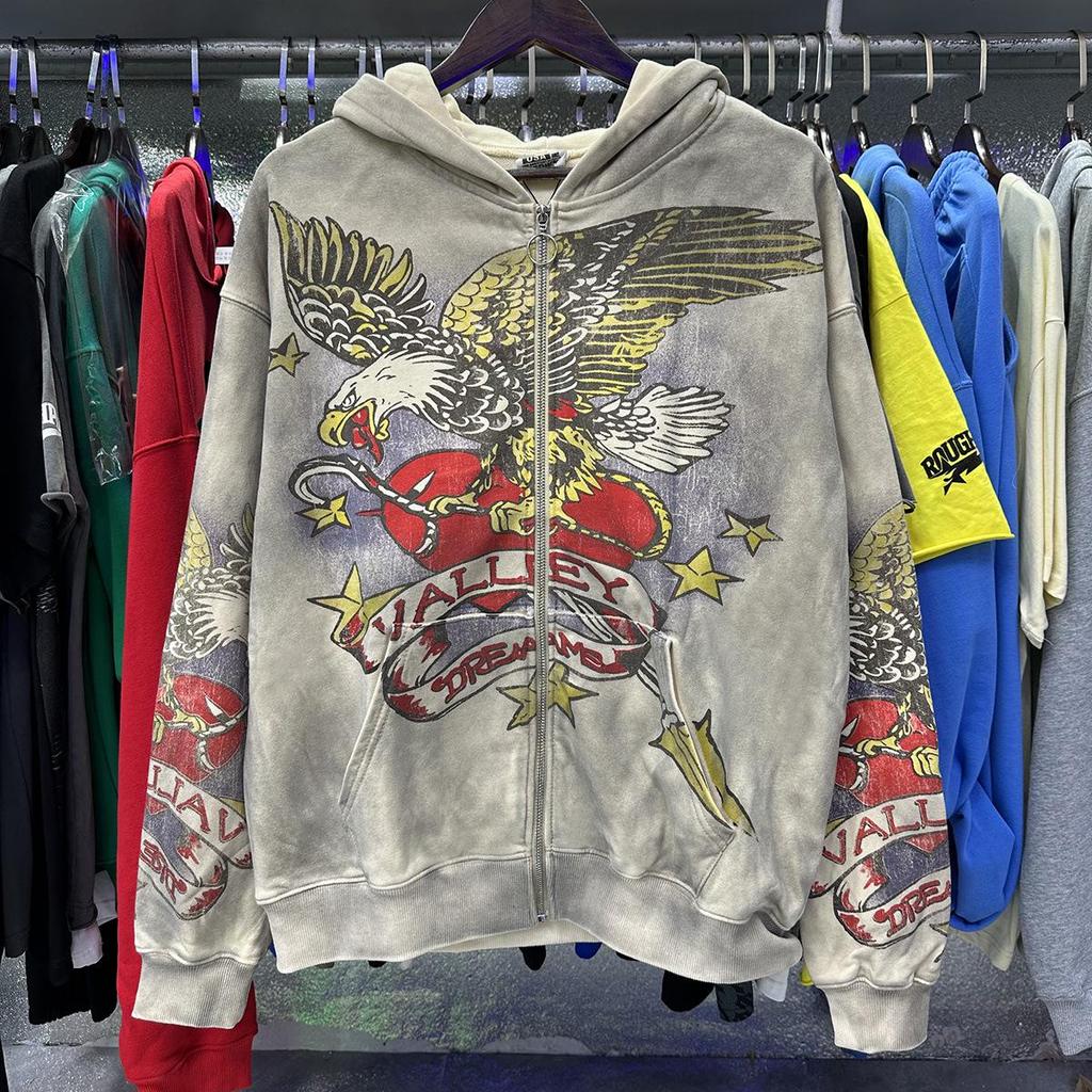 Unisex Retro Print Distressed Zipper Hoodie - Loose Fit, High Street American Style