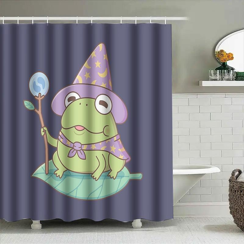 Unframed Cute Frog Wizard Curtain Magical Forest Fantasy Shower Curtain Woodland Animal Bathroom Decor Nature Themed Backdrop