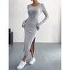 Fall Winter Women's Long Sleeve Crew Neck Slit Maxi Knit Dress, In Stock For Crossborder European American Size, Casual Long Dress For Women