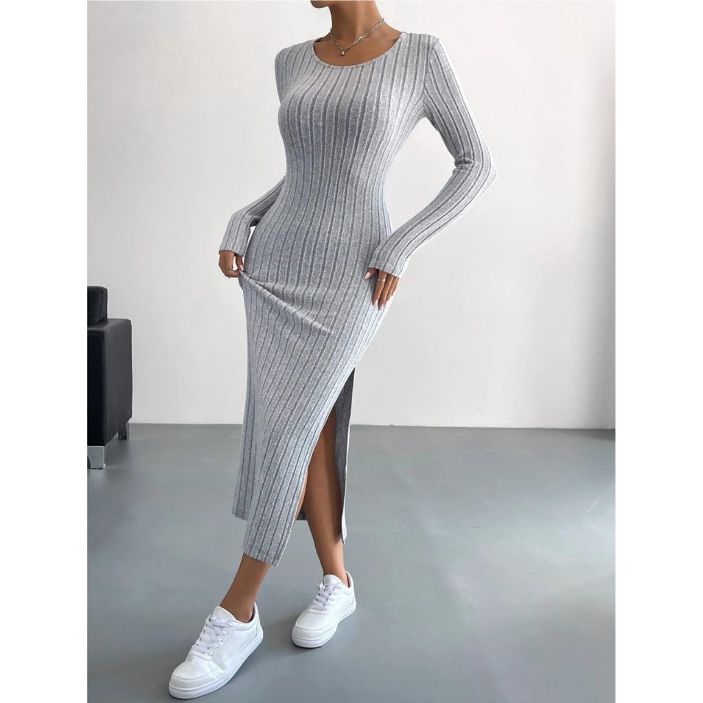 Fall Winter Women's Long Sleeve Crew Neck Slit Maxi Knit Dress, In Stock For Crossborder European American Size, Casual Long Dress For Women