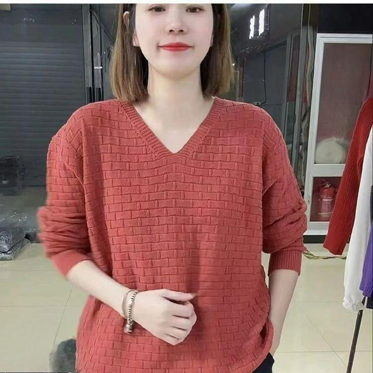 Spring Plus Size Women's Long-sleeved Knit Sweater Mother Plus Fat To Increase V-neck Lazy Style Solid Color Loose Top